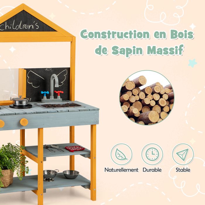 Cuisine Enfants Extérieur en Bois - DREAMADE - 8 Accessoires - Bac à Plantes - 2 Tableaux Noirs – Evier Amovible - Jeux - Jouets