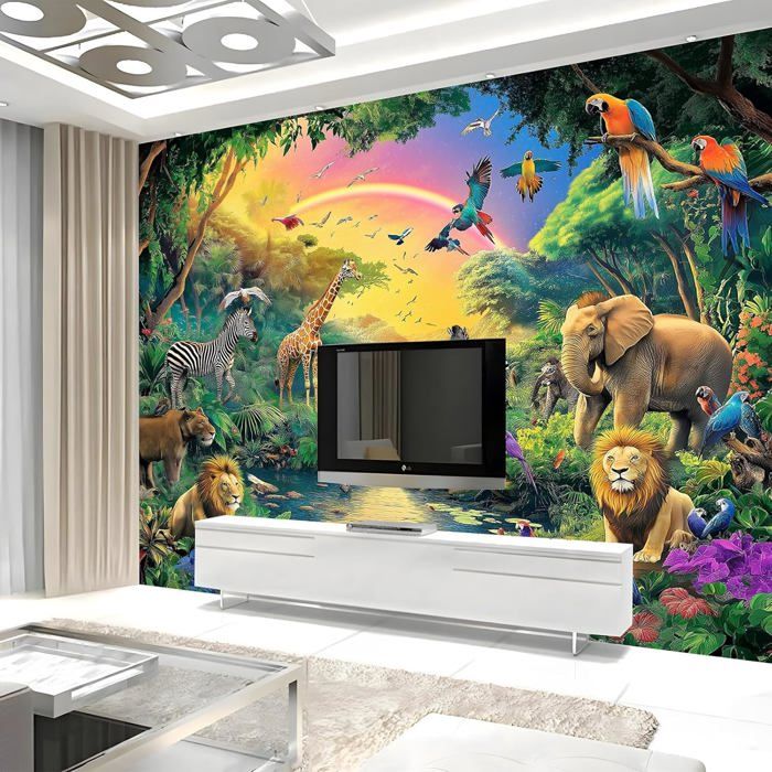 Papier Peint Mural Salon Animaux De La Jungle Tropicale Oiseaux 350x256 ...