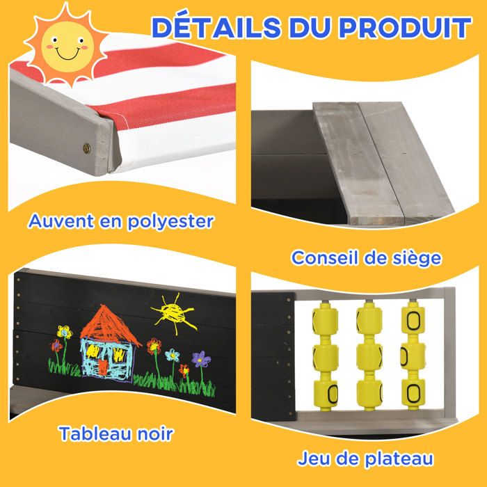 Bac à Sable Outsunny 4 Places Avec Toit Réglable, Banc Intégré, Tableau Noir Et Jeu De Morpion – Bois De Sapin – Dès 3 Ans