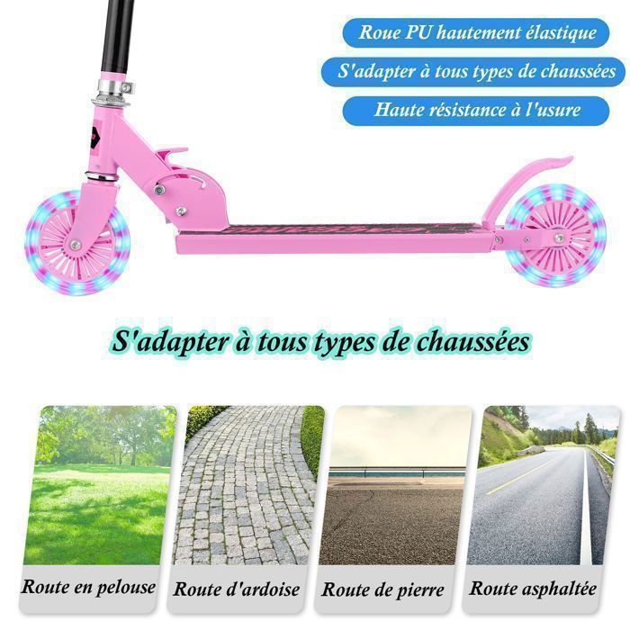 Trottinette Pliable Enfant 3 Ans Et + - Roues LED Lumineuses - Guidon Réglable 3 Hauteurs - Frein Arrière - Blanc
