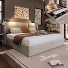 SUNFECILI Lit 160 x 200 cm avec rangement,lit coffre 160x200,lit double,lit adulte,avec sommier,avec chargement USB, avec liseuse,lin,beige