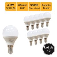 Lot de 10 ampoules LED shpérique E14 4W 330Lm 3000K - garantie 5 ans