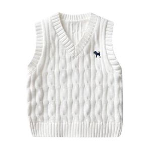 PULL Pull sans manches pour enfants garçons filles col en V gilets tricotés coton broderie chien motif enfant - Blanc HBSTORE