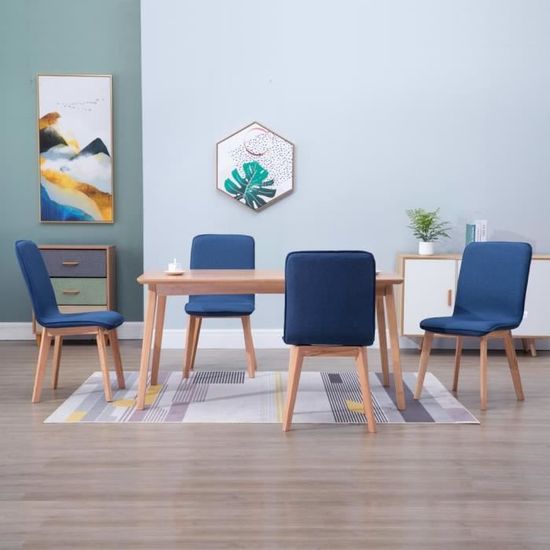 4 pcs Chaises de salle à manger Bleu Tissu et chêne massif BOH #28