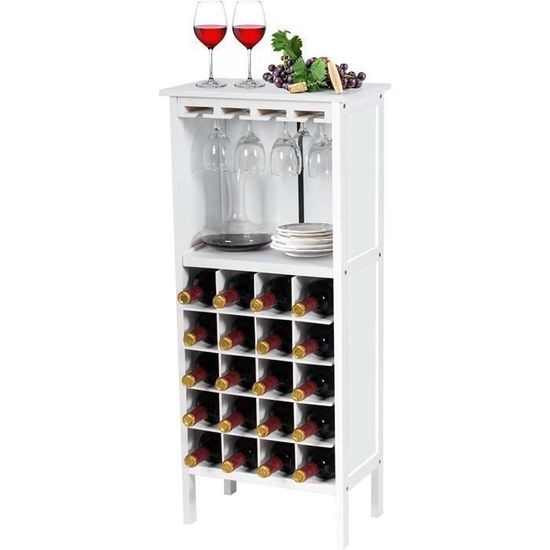 GOPLUS Casier à Vin 20 Bouteilles Avec Porte-Gobelet - Étagère En Pin Blanc 42 X 24,5 X 96 CM Pour Cave, Cuisine Et Salon