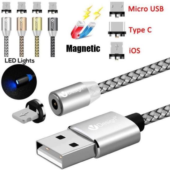 Floveme – Câble Chargeur Magnétique 360° Rotatif Avec LED Pour IPhone – 1 M – Noir/doré/argent – Neuf Avec Emballage