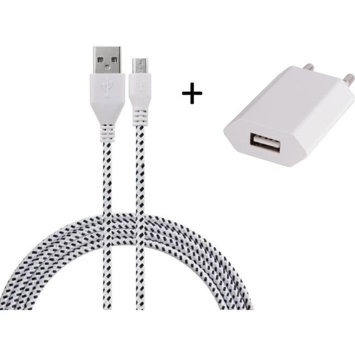 Pack Chargeur pour XIAOMI Redmi 7 Micro-USB (Cable Chargeur Tresse 3m Chargeur + Prise Secteur USB) (BLANC)
