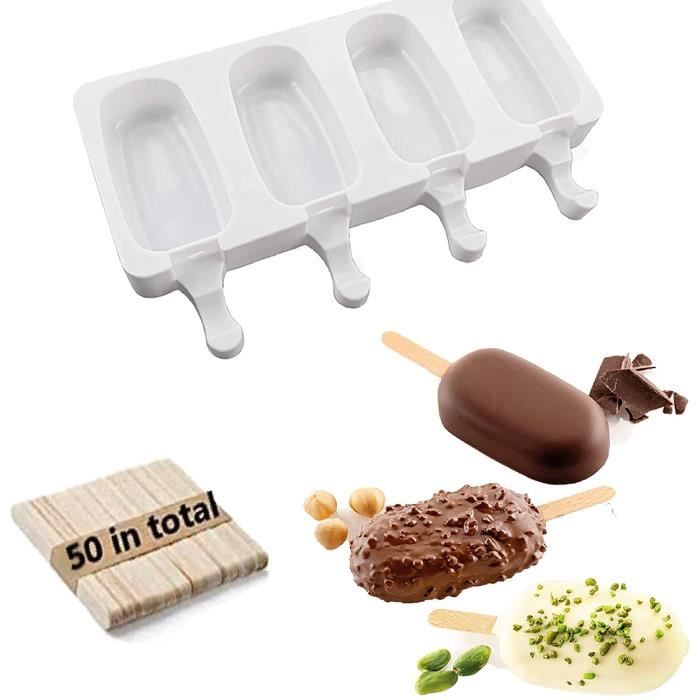 Moulle à Glace en Silicone Moulle à Sucette Chocolat Moulle à Glace Magnum Popsicle Mold 2 moulle glace + 50 bâtonnets en bois