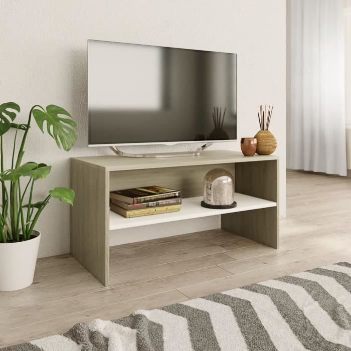 Meuble TV - Support TV scandinave Meuble de Rangement - Meuble de salon -Blanc et chêne sonoma 80 x 40 x 40 cm Aggloméré♫6734
