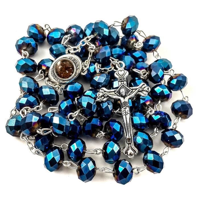 Deep Blue Cristal Perles Chapelet catholique Collier Médaille de Sainte Terre et crucifix