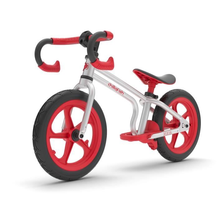 CHILLAFISH draisienne métallique FIXIE Rouge: avec guidon courbé, frein à pieds et repose-pieds 2en1, pour les enfants de 2 à 5 ans