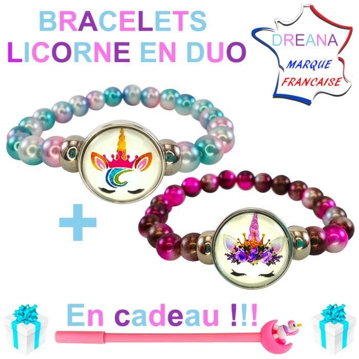 2 jolis bracelets licorne en -perles nacrées- rose /bleu et rose/violet + 1 stylo licorne en cadeau! - PARFAIT POUR FANS DE LICORNE!