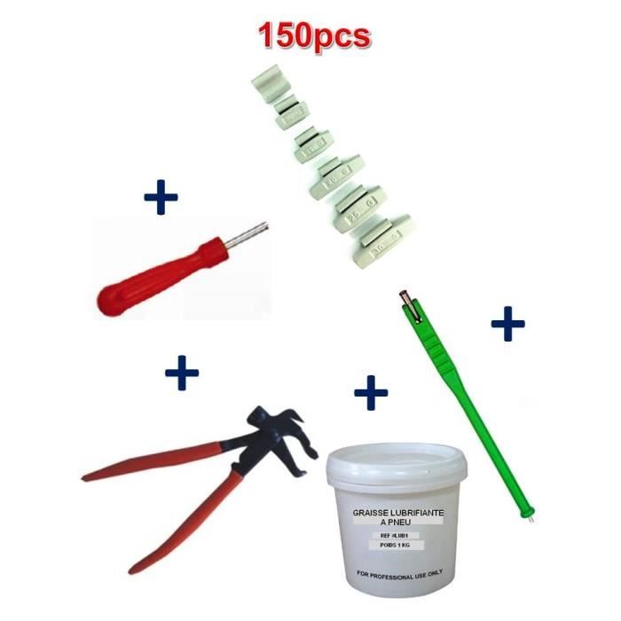 Kit 150 Plombs Masse d’Equilibrage à Frapper 5 à 30gr + Tire Valve + Démonte Obus + Graisse Pneu + Pince