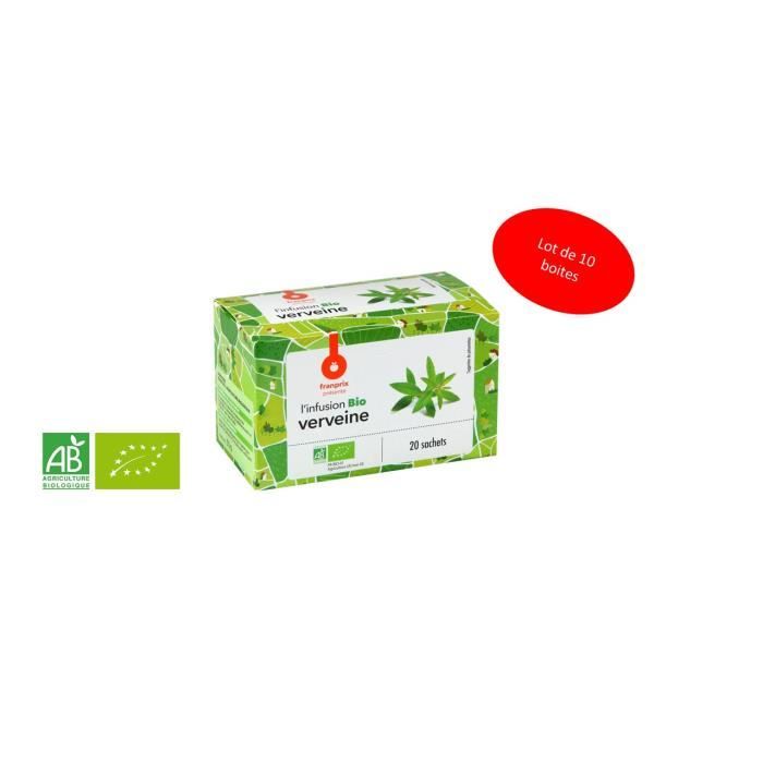 Lot de 10 Boites de 20 Sachets - Infusion - Verveine Bio - 200 Sachets -Franprix