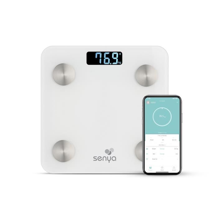Senya Pèse personne impédancemètre blanc, balance connectée Bluetooth pour un suivi quotidien de votre santé via l’application Fitda