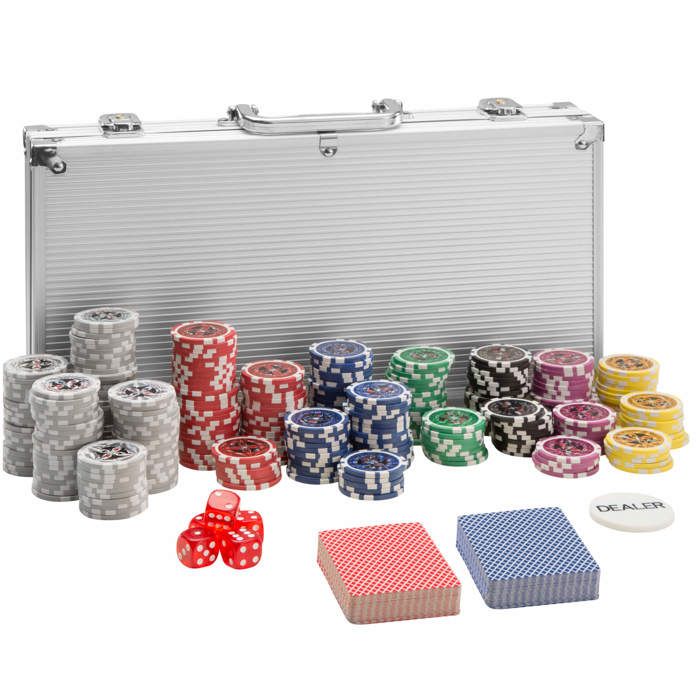 TECTAKE Coffret, Malette, Set de Poker 300 Jetons + 2 Jeux de 54 Cartes en Aluminium Gris
