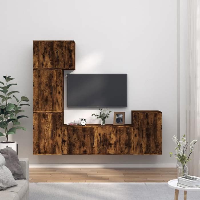 Komodee Meuble TV avec Vitrine Suspendue Como - Chene - Miel Truffe - LED RGB - 211 x 178 x 23