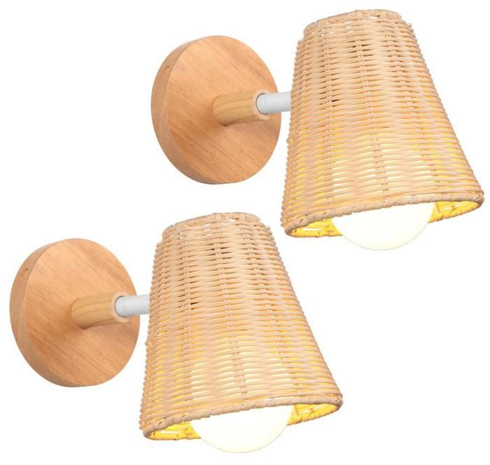 WOTTES Applique Murale Intérieure Rétro 2PCS Ø15CM Abat-jour Corde De Chanvre Applique Rotin Et Bois Pour Table De Chevet Couloir