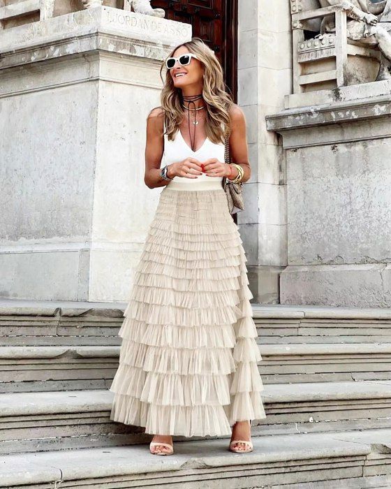 Jupe longue plissee en tulle pour femmes robe de Rhdecontractee taille haute dames elegantes maille sauvage maxi Apricot D96 Blanc Cdiscount Pret a Porter