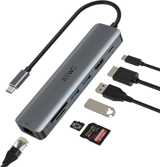 Hub USB-C 7 En 1 - HDMI 4K 60Hz, Ethernet Gigabit, PD 100W, Ports USB 3.0 Et Lecteur Carte SD/TF