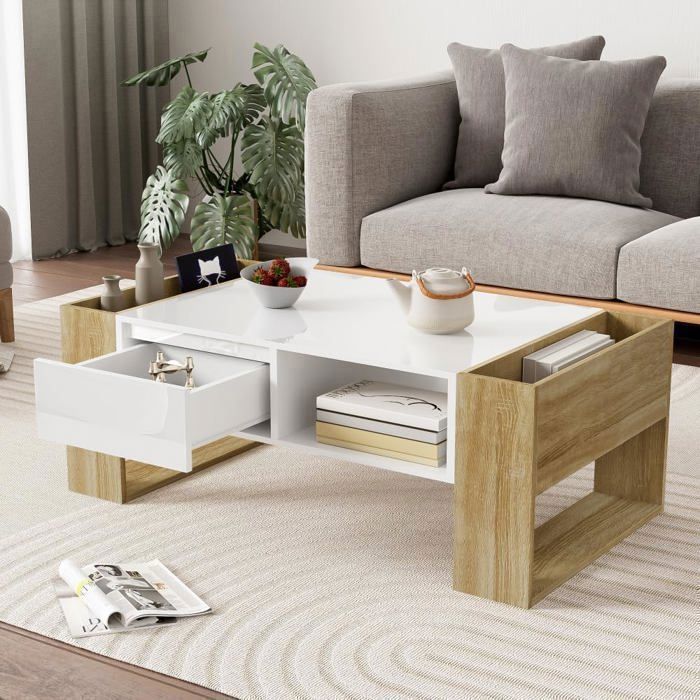 Lemonbest Table Basse Salon Moderne 105 x 60 x 40 cm avec 1 tiroirs et 2 Compartiments Ouverts Table de salon Haut Brillant
