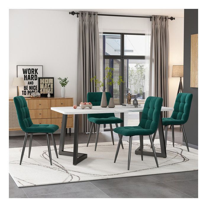 Table a Manger avec 4 Chaises en Velours Vert Foncé Ensemble Table et Chaises Salle a Manger 117x68 cm Pieds de Table Noirs