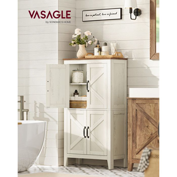 Meuble bas Salle de Bain - VASAGLE Armoire salle de bain avec Portes Coulissantes - Étagères Réglables Blanc Rustique