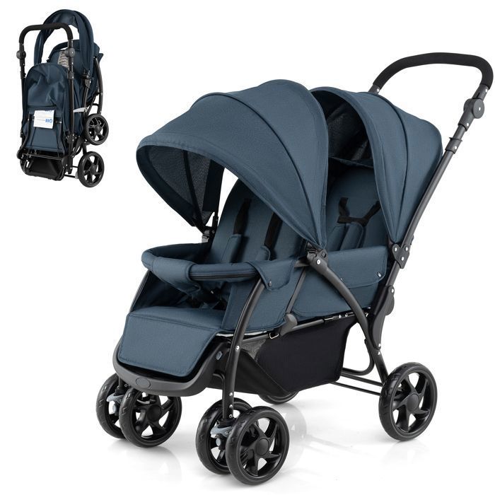 DREAMADE Poussette Double Pliable à 4 Roues avec Freins Landau pour Bébé avec Ceinture de Sécurité à Cinq Points Bleu Foncé
