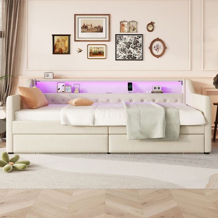 Lit Simple Banquette-lit 90x200 cm canapé-lit avec sommier à lattes 2 tiroirs éclairage & USB lin beige - Sans Matelas Lit Simple Banquette-lit 90x200 cm canapé-lit avec sommier à lattes 2 tiroirs éclairage & USB lin beige - Sans Matelas
