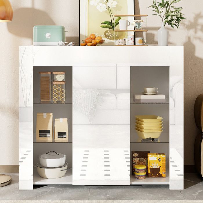 Buffet bahut moderne - TANANT - 95x35x83cm - 1 porte - 6 étagères en verre - Blanc brillant