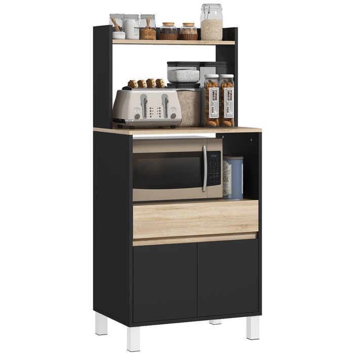 Meuble micro onde - HOMCOM - avec placard tiroir étagère supérieur - 60 x 40 x 131 cm - chêne et noir Meuble micro onde - HOMCOM - avec placard tiroir étagère supérieur - 60 x 40 x 131 cm - chêne et noir