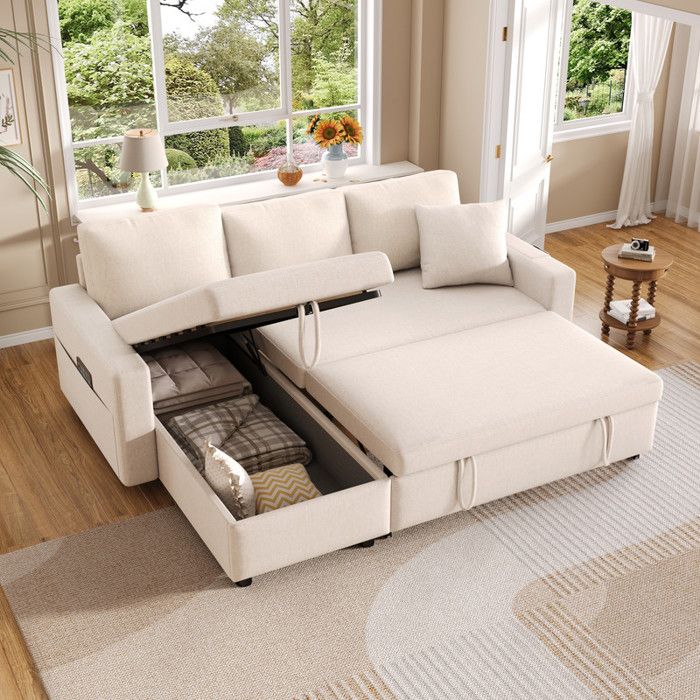 Canapé en L 219.5x142.5x83cm - Avec rangement - Interchangeable gauche et droite - Beige