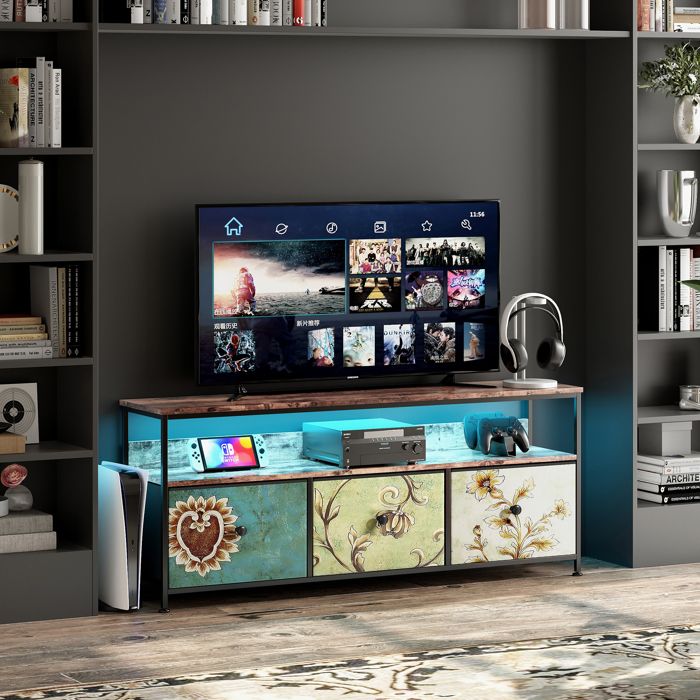 Meuble TV Moderne Armoire TV avec Eclairage LED 3 TiroirsTexture Sculptée CompartimentsRangement Pratique137x30x57cm