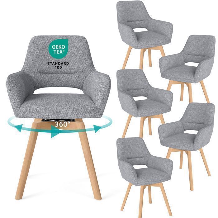 WAFTING Lot de 6 Chaise Salle à Manger Pivotante à 360° Chaises de réception en Chenille et Bois Massif Gris Clair