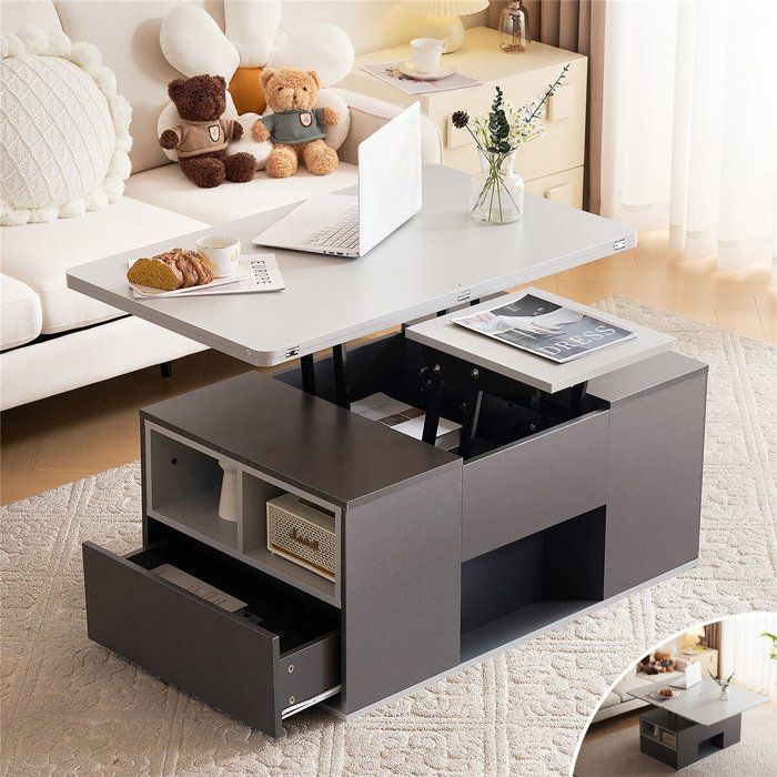 Table Basse Relevable Extensible Double Plateau de Souvre Sur 2 Tables 2 Tiroirs Table Basse Salon Moderne avec Rangement Gris