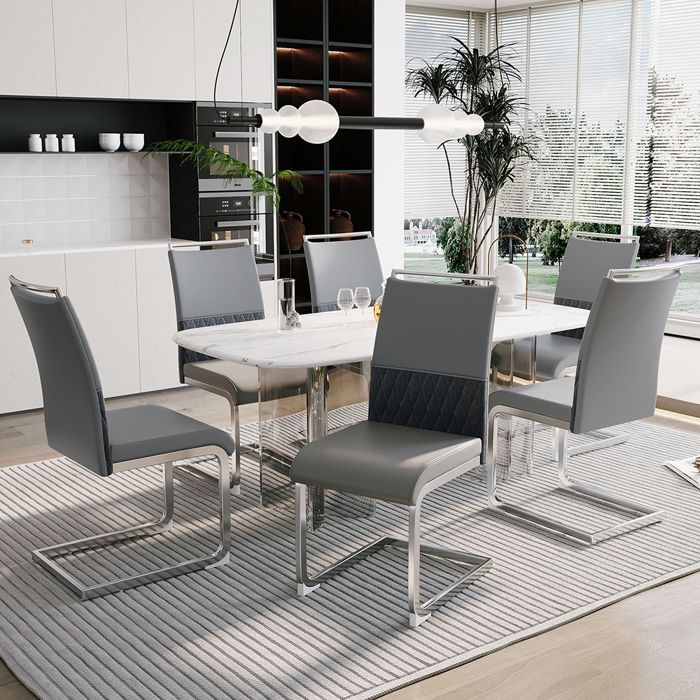 Lot de 6 chaises de salle à manger - Dossier haut - Assise rembourrée en cuir synthétique PU - Structure en métal - Gris