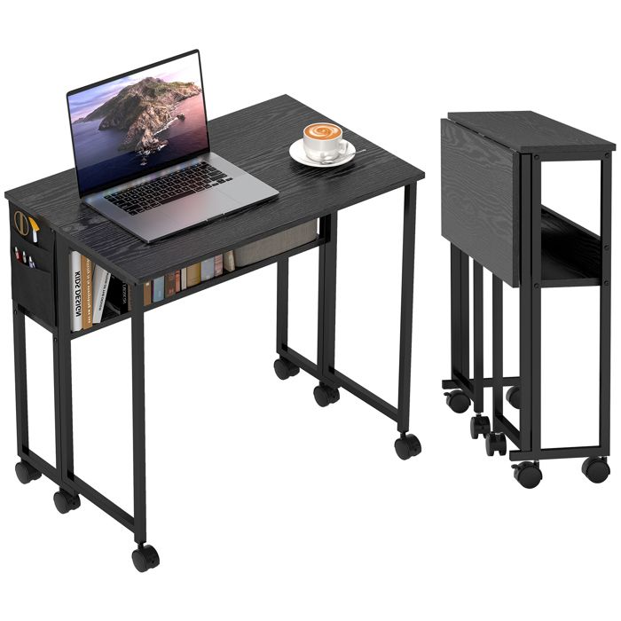 Bureau - HOMCOM - pliable - sur roulettes - 80 x 50 cm - étagère et sac de rangement - noir