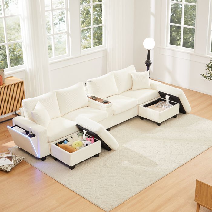 Canapé en U en velours côtelé - 334x128.5x81 cm - Beige - 2 tabourets inclus - Lampe de lecture réglable