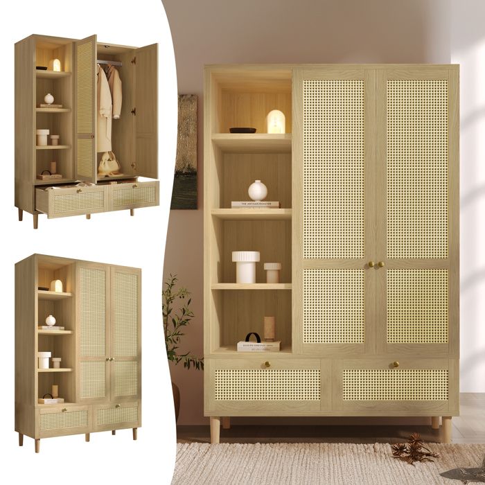 Armoire Penderie en Cannage Rotin 180x120x50 cm 2 Portes avec 2 Tiroirs tringle vêtements Style Bohème Chic - Chêne