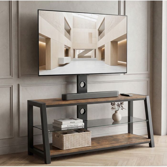 Meuble TV avec support pivotant réglable en hauteur MDF brun et métal
