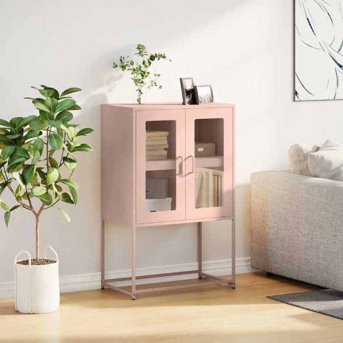 (16044)Meuble rangement - Buffet haut - contemporain - rose 68x39x107 cm acier poid:19.13 kg