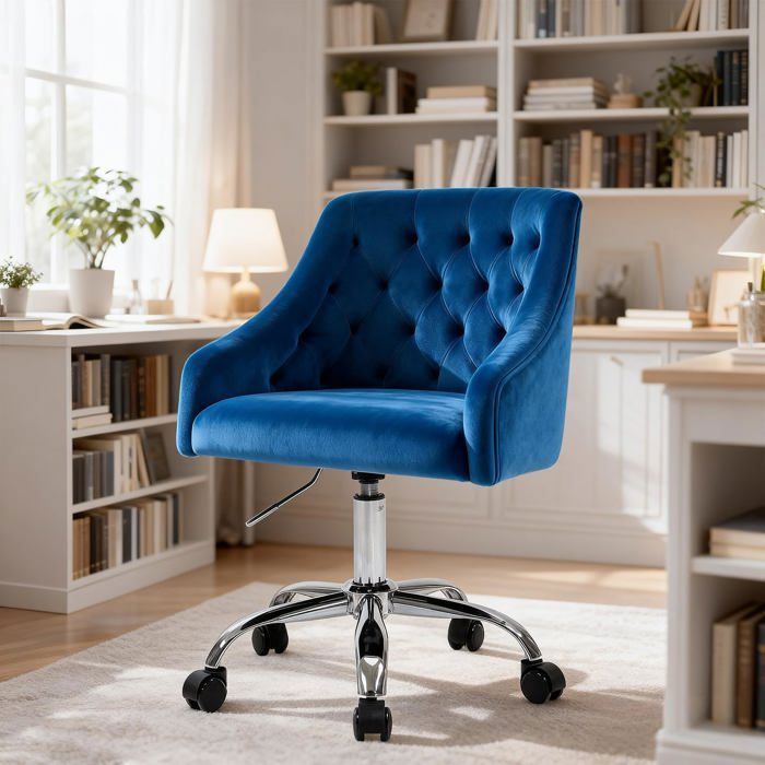 FIXIMASTER Chaise de Bureau/Coiffeuse en Velours Ergonomique Pivotante 360° à Roulettes Hauteur Réglable 135kg - Bleu