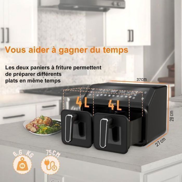 Air Fryer 8L double zone 2 tiroirs 8L Haute puissance 2200W Double cuve Friteuse sans huile Fenêtre visualisation 10 programmes