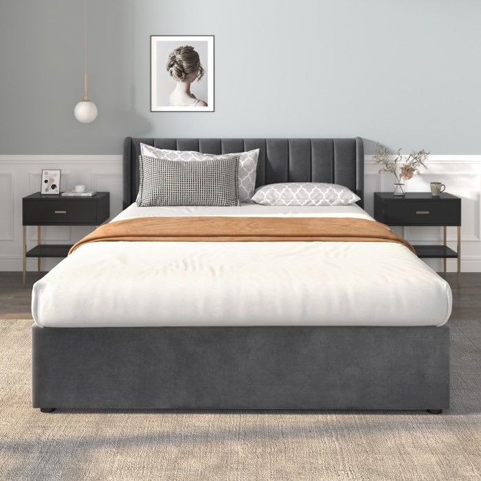 Lit Double 160x200 Gris - Capitonné Velours - 2 Tiroirs Dossier - Sommier Lattes - Confort Rangement (sans Matelas) Lit Double 160x200 Gris - Capitonné Velours - 2 Tiroirs Dossier - Sommier Lattes - Confort Rangement (sans Matelas)
