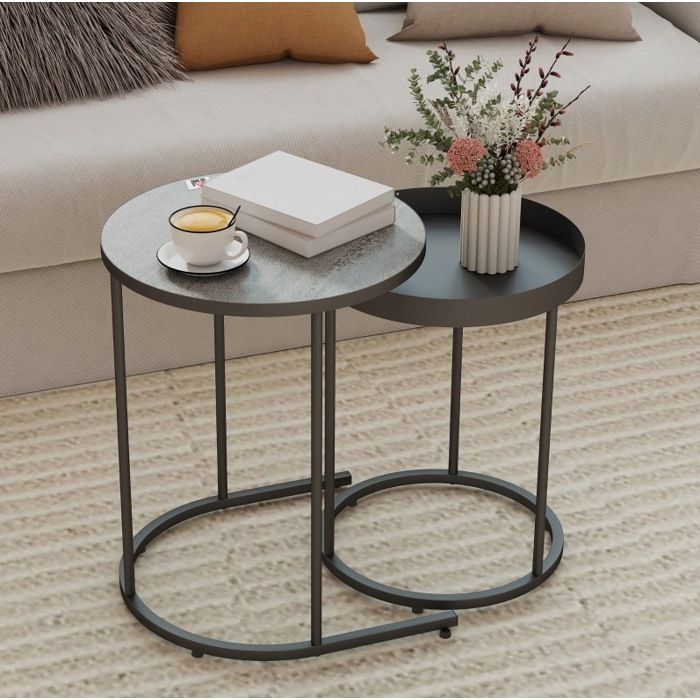 WOVREO Lot de 2 tables basses gigognes rondes MDF et métal gris et noir style industriel