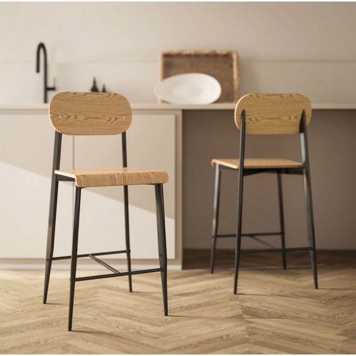 WOVREO Lot de 2 tabourets de bar avec dossier hauteur dassise 66 cm métal noir et aspect bois
