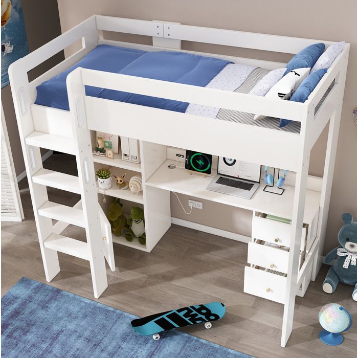 COVREO Lit mezzanine 90x200 cm avec bureau 140x40 cm rangements USB/Type-C blanc sans matelas