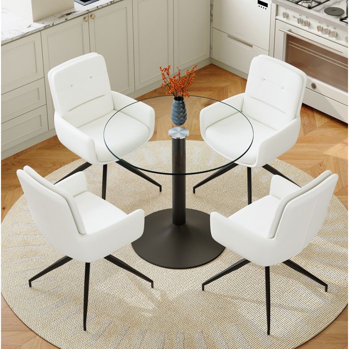 Set table a manger ronde 85 cm en verre trempe avec 4 chaises pivotantes 360° en PU blanc et pied noir