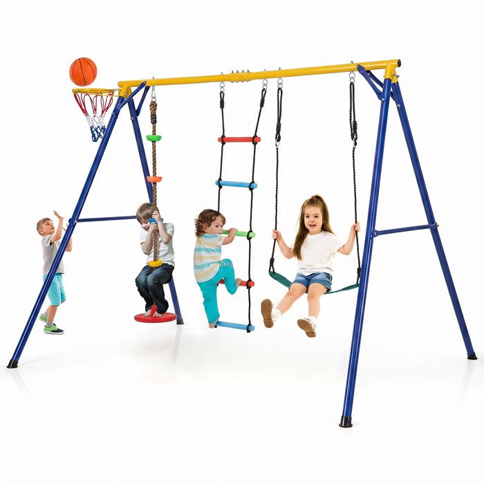 Balançoire Extérieur Enfants 3 à 9 Ans COSTWAY-Panier de Basket-ball Balançoire Réglable Echelle dEscalade Disque avec Corde