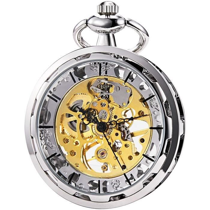 Montre de poche m canique avec cha ne pour homme Argent